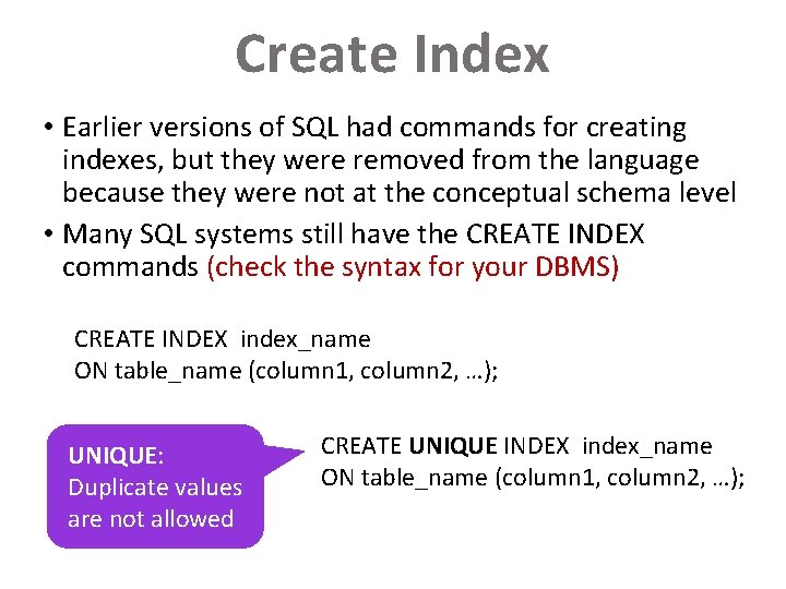 Create Index • Earlier versions of SQL had commands for creating indexes, but they