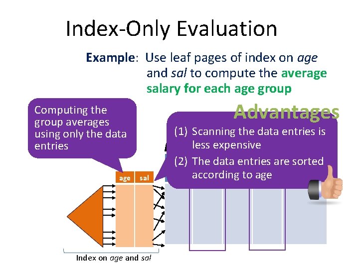 Index-Only Evaluation Example: Use leaf pages of index on age and sal to compute