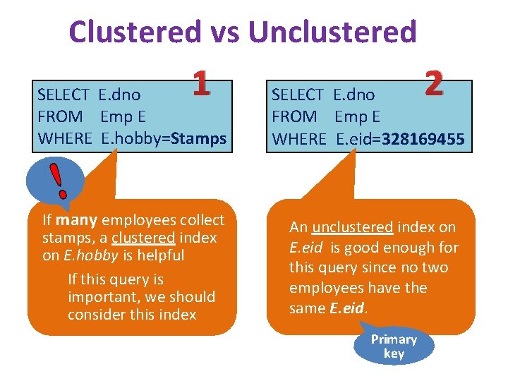 Clustered vs Unclustered 1 SELECT E. dno FROM Emp E WHERE E. hobby=Stamps If