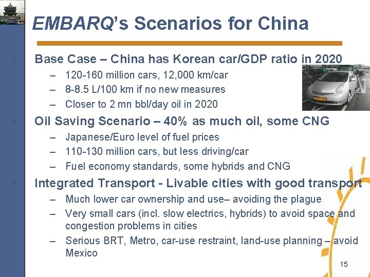 EMBARQ’s Scenarios for China • Base Case – China has Korean car/GDP ratio in