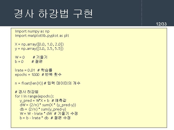 경사 하강법 구현 12/33 import numpy as np import matplotlib. pyplot as plt X