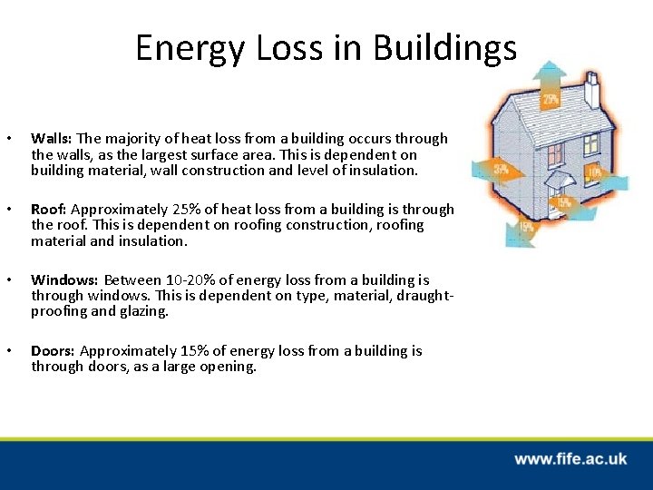 Energy Loss in Buildings • Walls: The majority of heat loss from a building