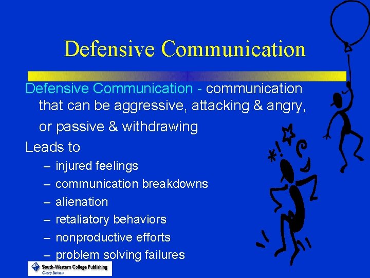 Defensive Communication - communication that can be aggressive, attacking & angry, or passive &