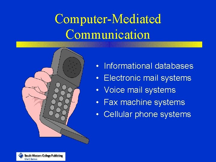 Computer-Mediated Communication • • • Informational databases Electronic mail systems Voice mail systems Fax