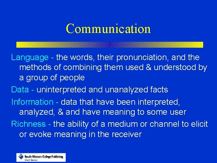 Communication Language - the words, their pronunciation, and the methods of combining them used