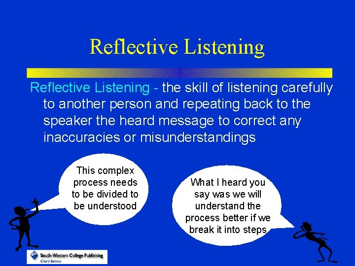 Reflective Listening - the skill of listening carefully to another person and repeating back