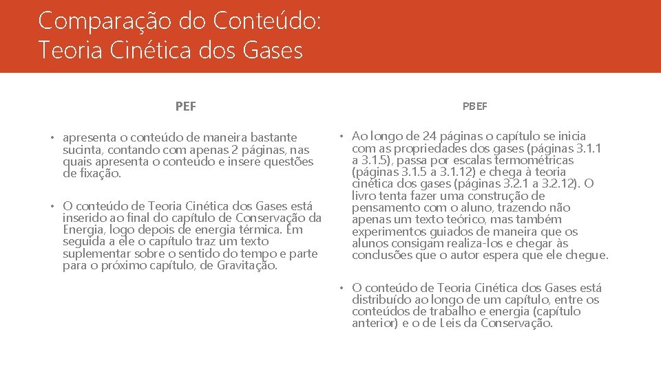 Comparação do Conteúdo: Teoria Cinética dos Gases PEF • apresenta o conteúdo de maneira