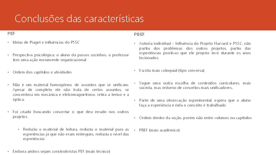 Conclusões das características PEF PBEF • Ideias de Piaget e influências do PSSC •