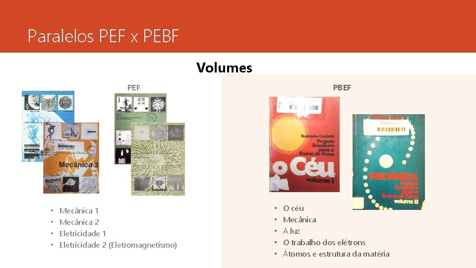 Paralelos PEF x PEBF Volumes PEF • • Mecânica 1 Mecânica 2 Eletricidade 1