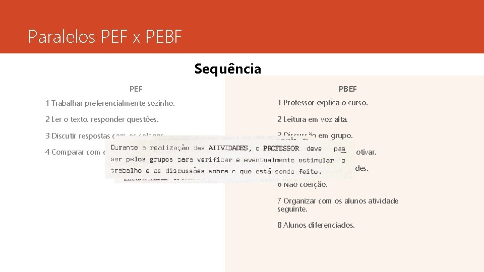 Paralelos PEF x PEBF Sequência PEF PBEF 1 Trabalhar preferencialmente sozinho. 1 Professor explica