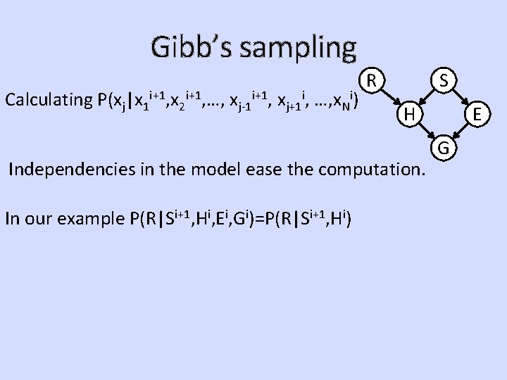 Gibb’s sampling Calculating P(xj|x 1 i+1, x 2 i+1, …, xj-1 i+1, xj+1 i,