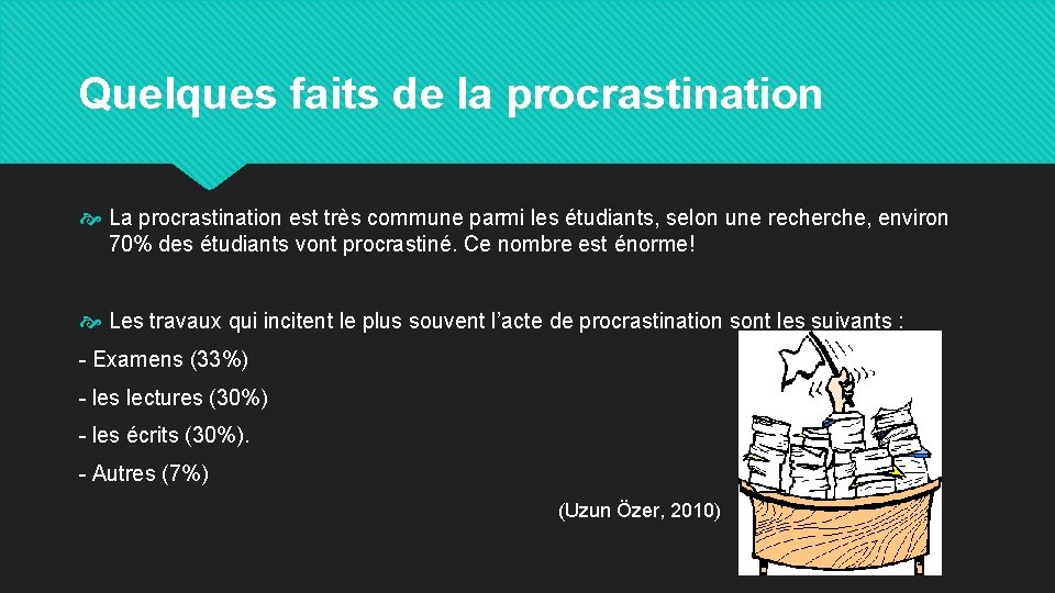 Quelques faits de la procrastination La procrastination est très commune parmi les étudiants, selon