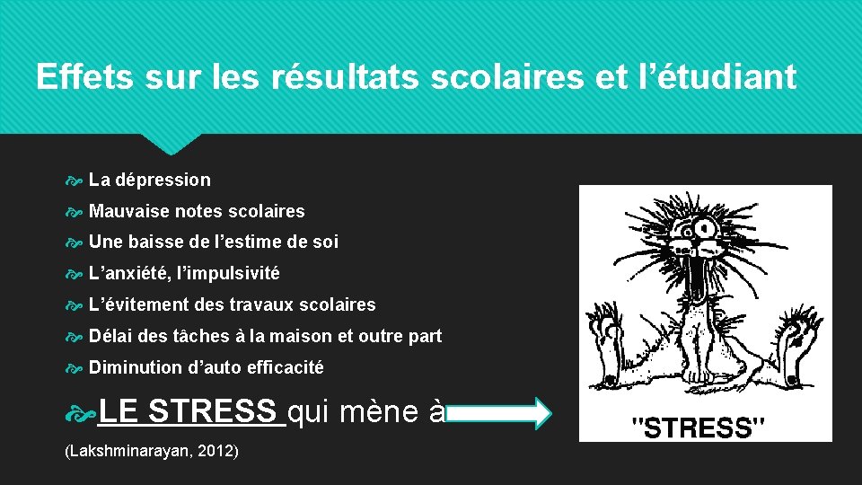 Effets sur les résultats scolaires et l’étudiant La dépression Mauvaise notes scolaires Une baisse