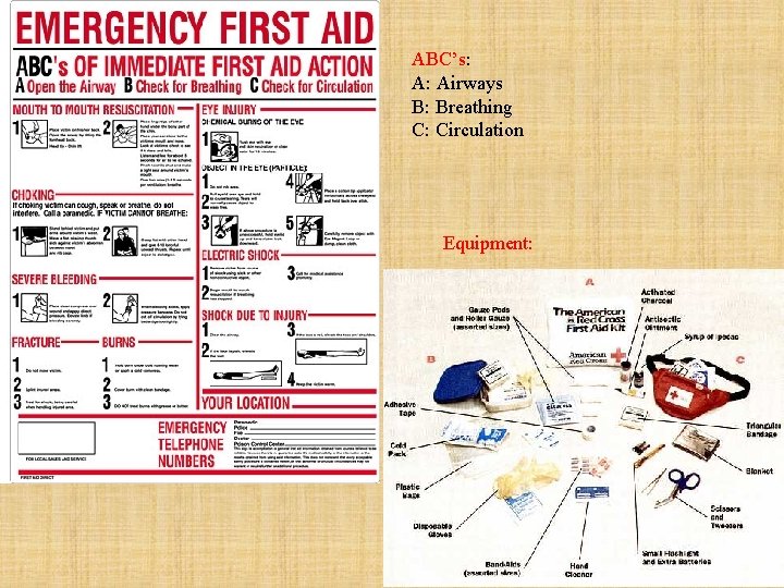 ABC’s: A: Airways B: Breathing C: Circulation Equipment: 