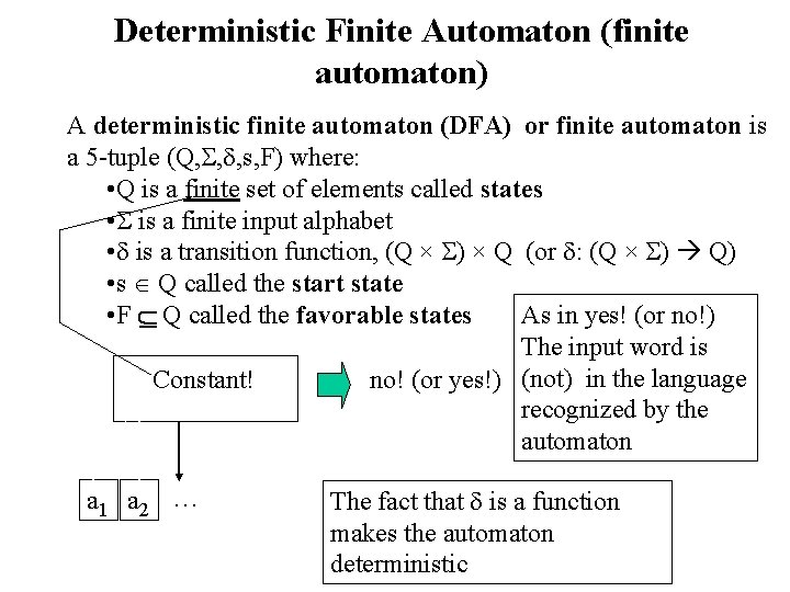 Deterministic Finite Automaton (finite automaton) A deterministic finite automaton (DFA) or finite automaton is