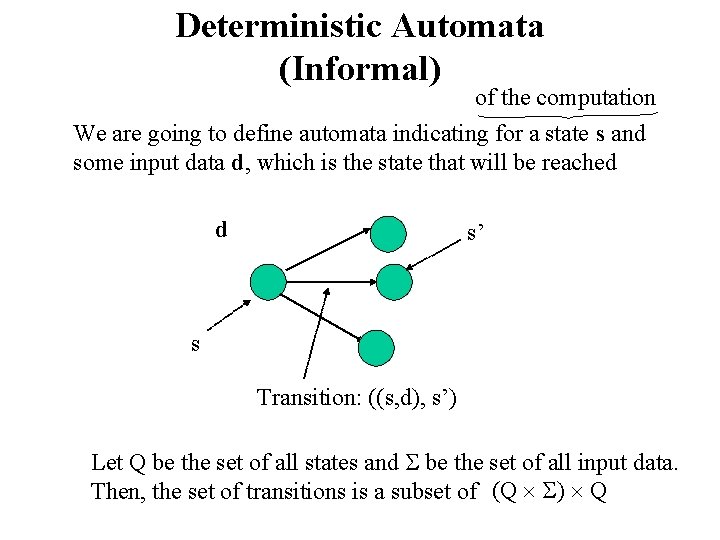 Deterministic Automata (Informal) of the computation We are going to define automata indicating for