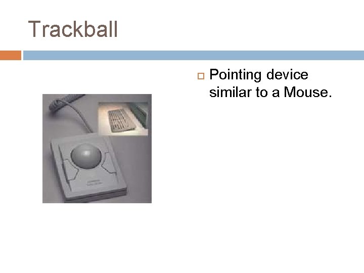 Trackball Pointing device similar to a Mouse. 
