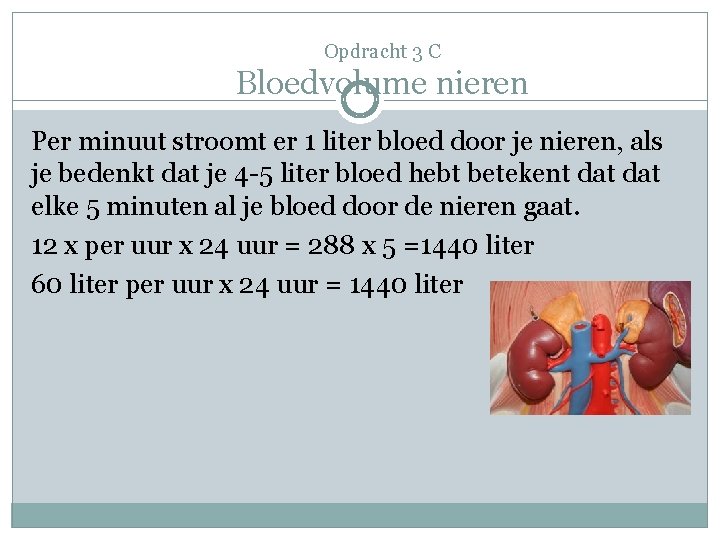 Opdracht 3 C Bloedvolume nieren Per minuut stroomt er 1 liter bloed door je