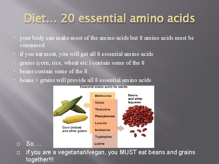 Diet… 20 essential amino acids • your body can make most of the amino