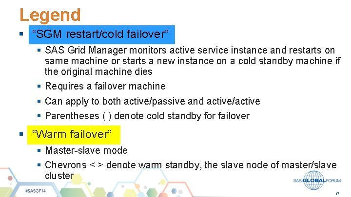 Legend § “SGM restart/cold failover” § SAS Grid Manager monitors active service instance and