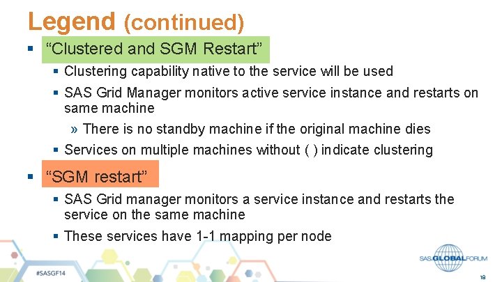 Legend (continued) § “Clustered and SGM Restart” § Clustering capability native to the service