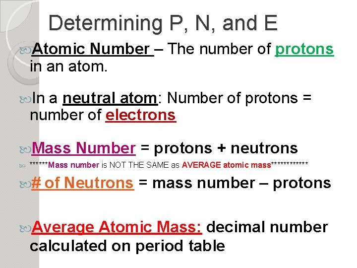 Determining P, N, and E Atomic Number – The number of protons in an