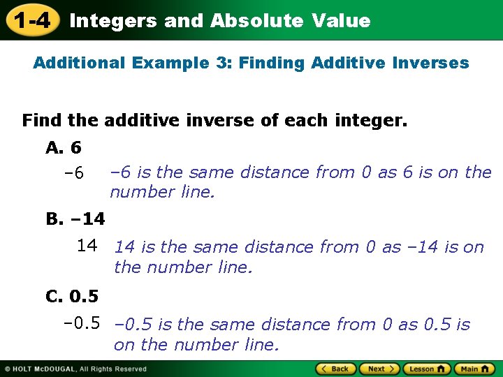 1 -4 Integers and Absolute Value Additional Example 3: Finding Additive Inverses Find the
