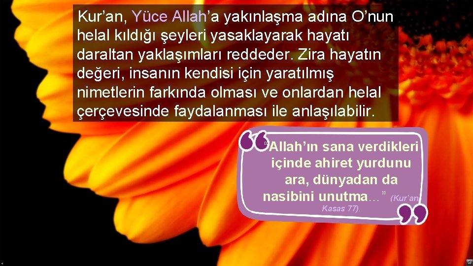 Kur’an, Yüce Allah’a yakınlaşma adına O’nun helal kıldığı şeyleri yasaklayarak hayatı daraltan yaklaşımları reddeder.