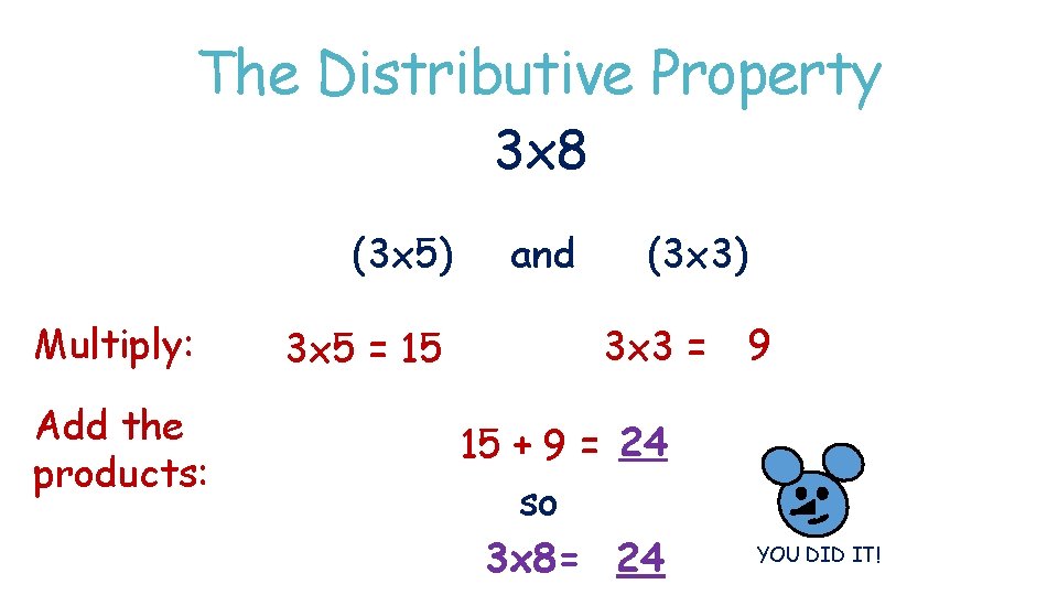 The Distributive Property 3 x 8 (3 x 5) Multiply: Add the products: 3 The Distributive Property 3 x 8 (3 x 5) Multiply: Add the products: 3