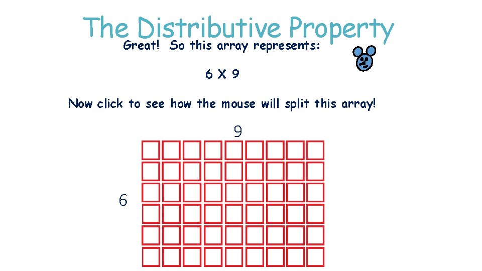 The. Great! Distributive Property So this array represents: 6 X 9 Now click to The. Great! Distributive Property So this array represents: 6 X 9 Now click to