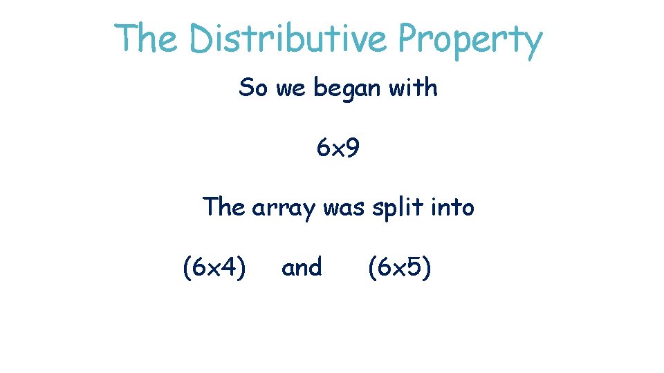 The Distributive Property So we began with 6 x 9 The array was split The Distributive Property So we began with 6 x 9 The array was split