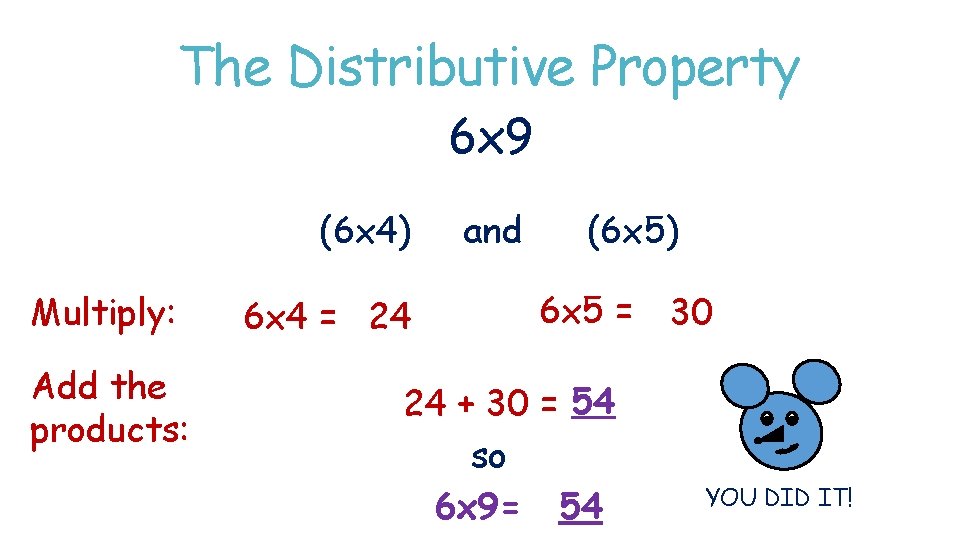 The Distributive Property 6 x 9 (6 x 4) Multiply: Add the products: 6 The Distributive Property 6 x 9 (6 x 4) Multiply: Add the products: 6