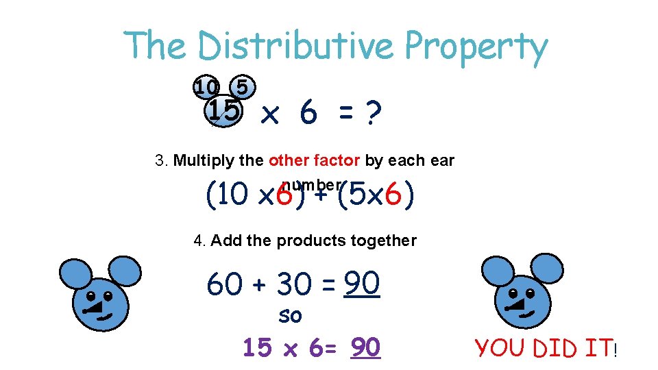 The Distributive Property 10 5 15 x 6 =? 3. Multiply the other factor The Distributive Property 10 5 15 x 6 =? 3. Multiply the other factor