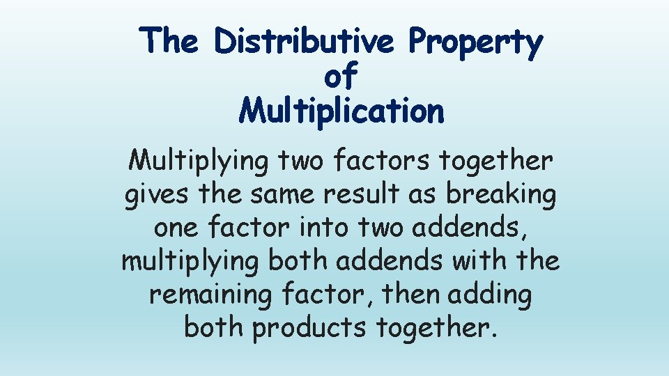 The Distributive Property of Multiplication Multiplying two factors together gives the same result as The Distributive Property of Multiplication Multiplying two factors together gives the same result as