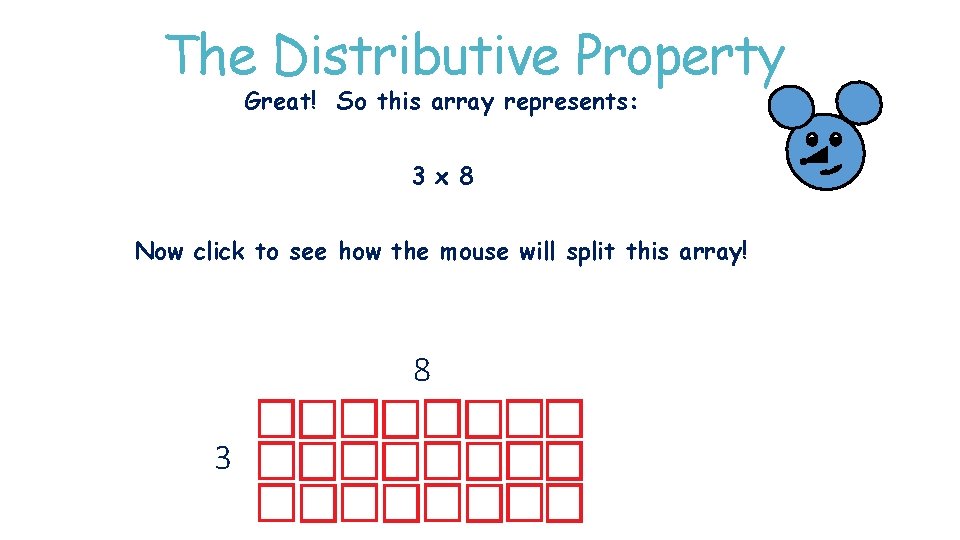The Distributive Property Great! So this array represents: 3 x 8 Now click to The Distributive Property Great! So this array represents: 3 x 8 Now click to