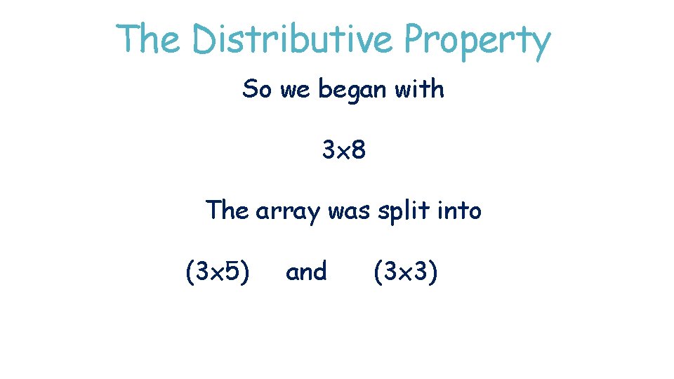 The Distributive Property So we began with 3 x 8 The array was split The Distributive Property So we began with 3 x 8 The array was split