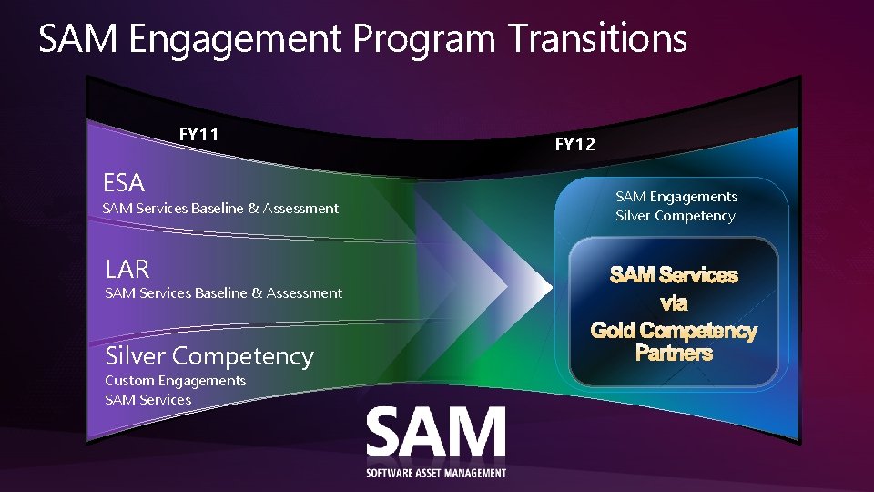 SAM Engagement Program Transitions FY 11 ESA SAM Services Baseline & Assessment LAR SAM SAM Engagement Program Transitions FY 11 ESA SAM Services Baseline & Assessment LAR SAM