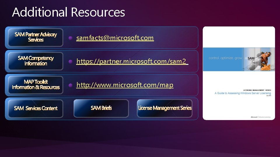 Additional Resources samfacts@microsoft. com https: //partner. microsoft. com/sam 2 http: //www. microsoft. com/map Additional Resources samfacts@microsoft. com https: //partner. microsoft. com/sam 2 http: //www. microsoft. com/map
