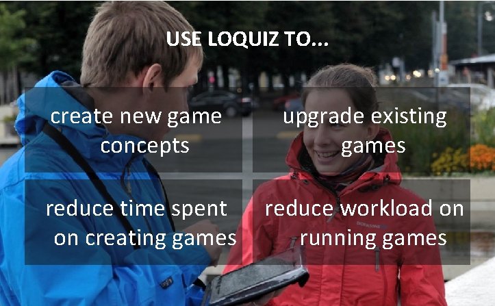 USE LOQUIZ TO. . . create new game concepts upgrade existing games reduce time