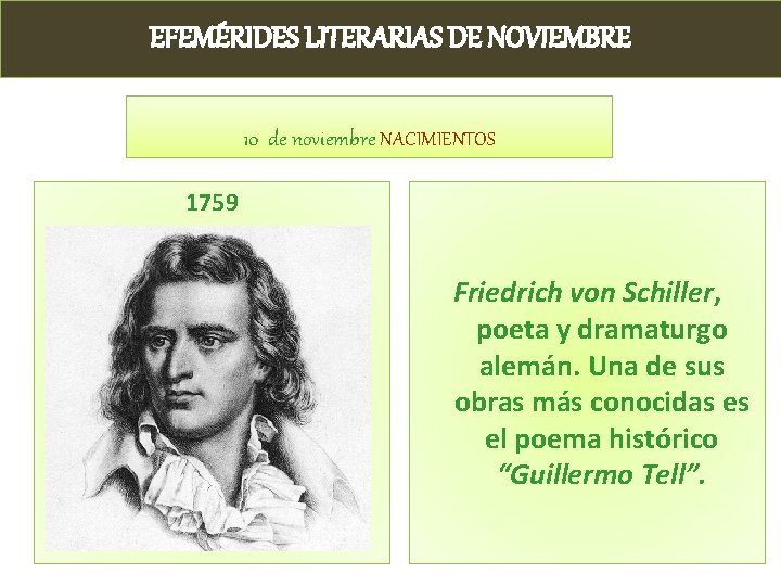 EFEMÉRIDES LITERARIAS DE NOVIEMBRE 10 de noviembre NACIMIENTOS 1759 Friedrich von Schiller, poeta y