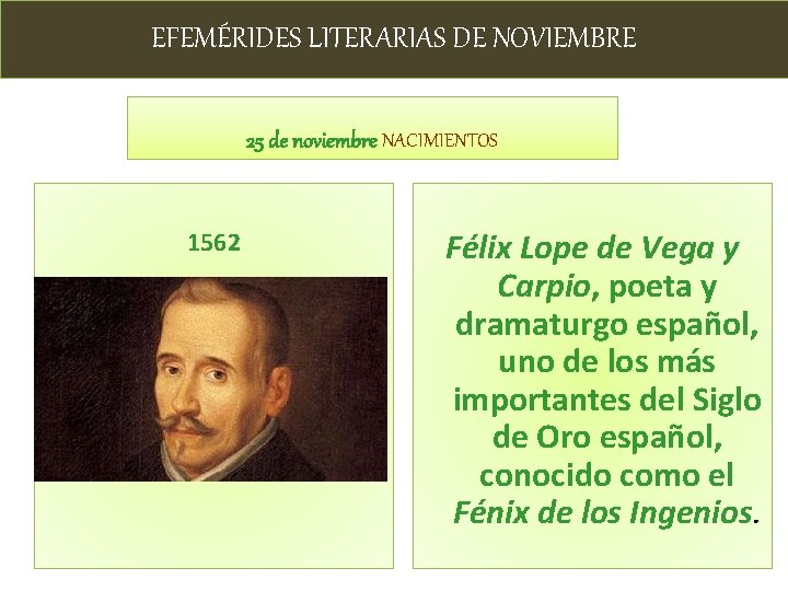 EFEMÉRIDES LITERARIAS DE NOVIEMBRE 25 de noviembre NACIMIENTOS 1562 Félix Lope de Vega y