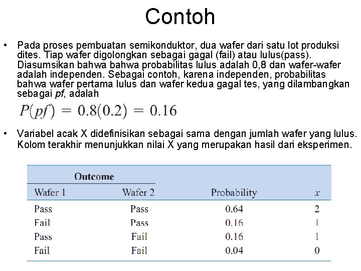 Contoh • Pada proses pembuatan semikonduktor, dua wafer dari satu lot produksi dites. Tiap