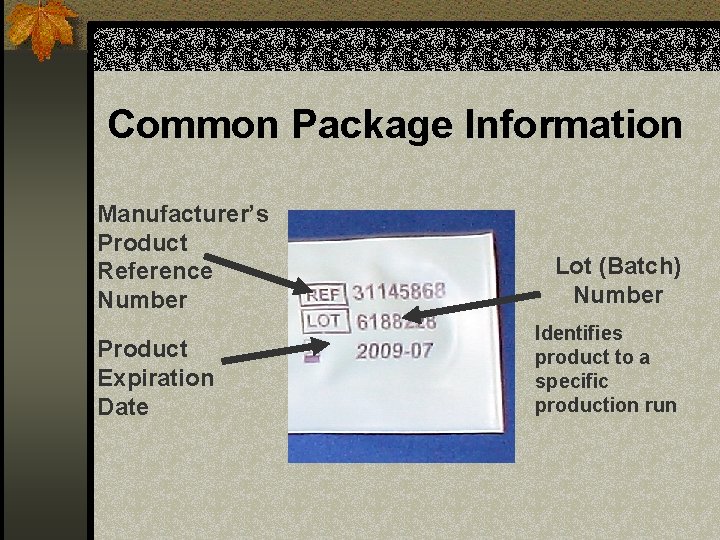 Common Package Information Manufacturer’s Product Reference Number Product Expiration Date Lot (Batch) Number Identifies