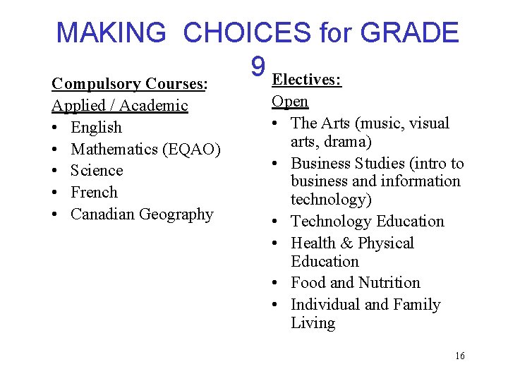 MAKING CHOICES for GRADE 9 Electives: Compulsory Courses: Applied / Academic • English •