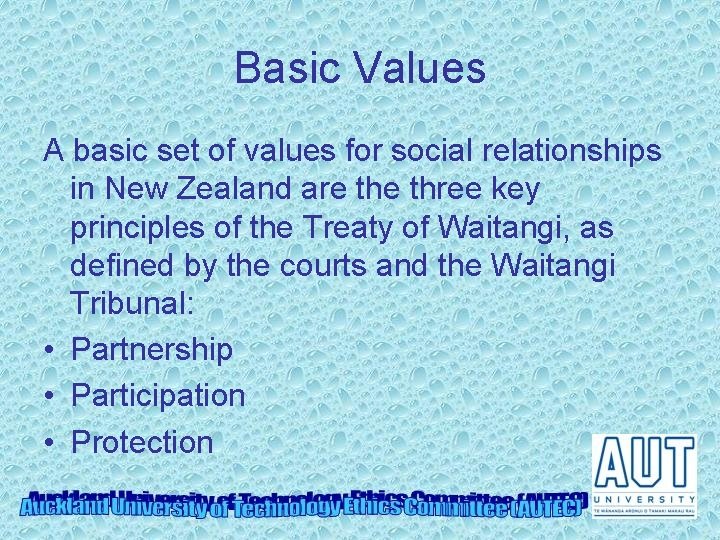 Basic Values A basic set of values for social relationships in New Zealand are