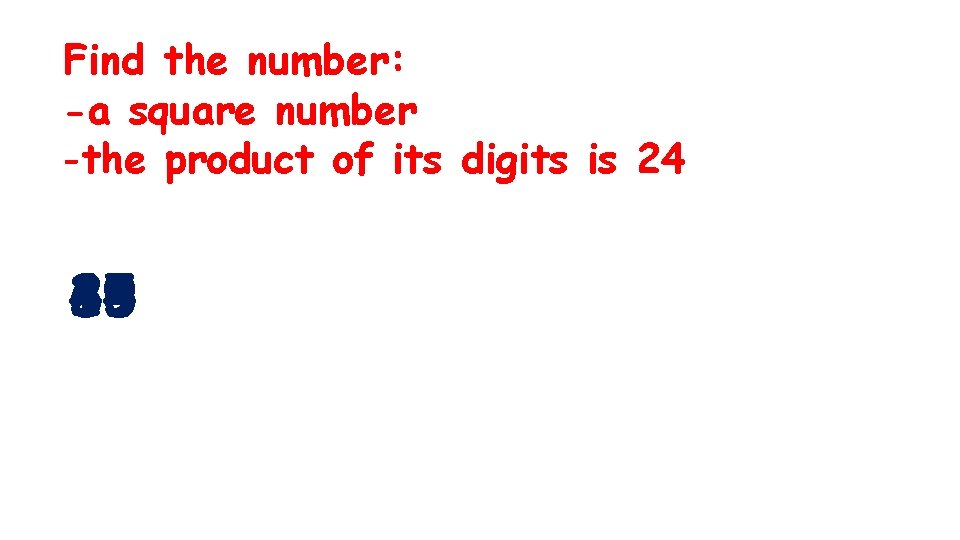 Find the number: -a square number -the product of its digits is 24 64