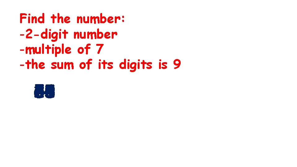 Find the number: -2 -digit number -multiple of 7 -the sum of its digits