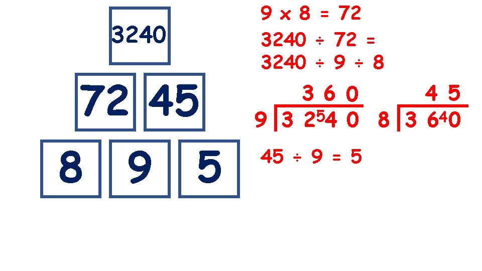 3240 72 45 8 9 5 9 x 8 = 72 3240 ÷ 72