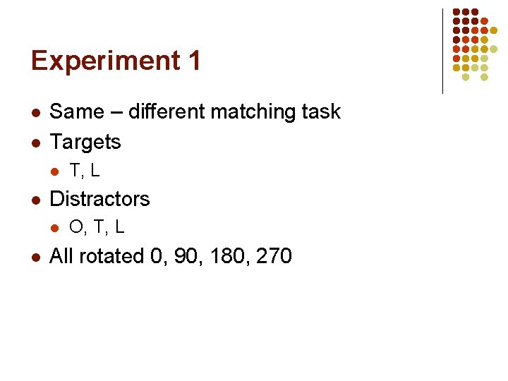 Experiment 1 l l Same – different matching task Targets l l Distractors l