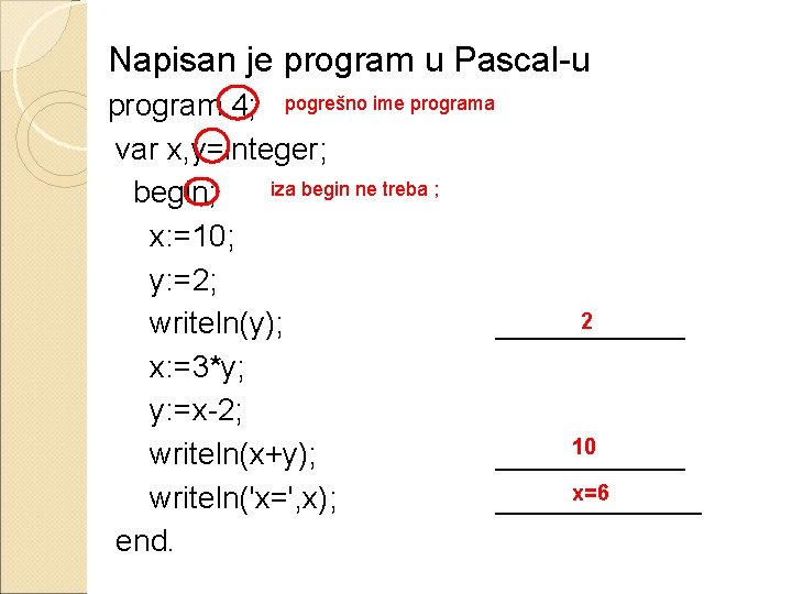 Napisan je program u Pascal-u program 4; pogrešno ime programa var x, y=integer; iza